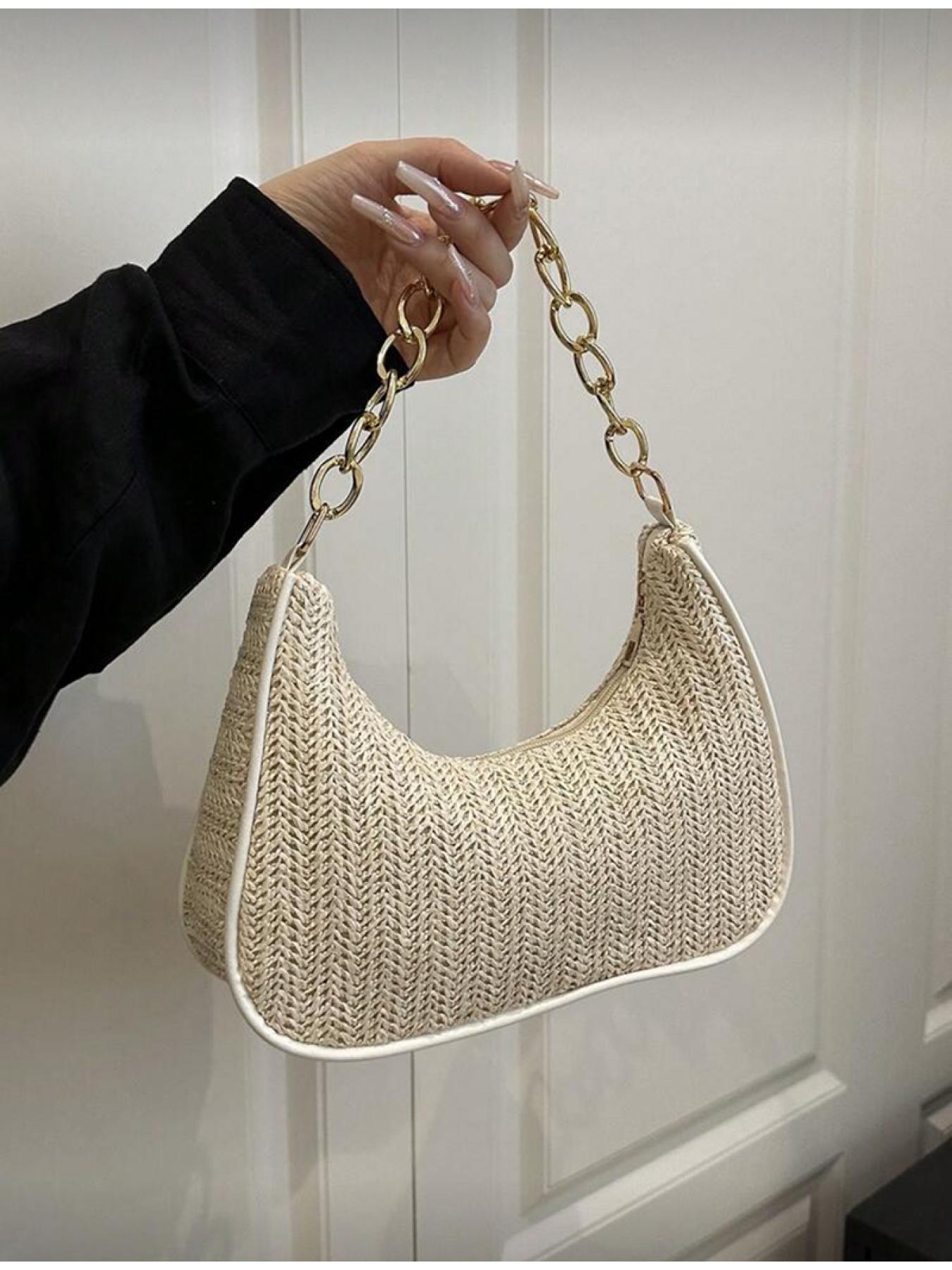 Summer Women Straw Handbag Crescent Shape Metal Chain Tote Beach Bag Casual Multi functional Crossbody Shoulder Bag