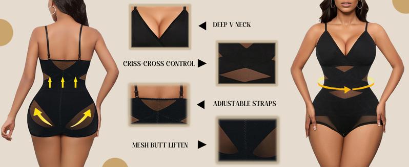 Avidlove Shapewear Bodysuit for Women Body Shaper Tummy Shapewear Plus Size Body Suits with V Neck Adjustable Spaghetti Strap & X Cross Design