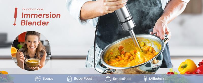 【 Only $27.99!!!】Ganiza Electric Immersion Blender Handheld, Max 1000W, 16 Speed, Stainless Steel, 800ml Mixing Beaker, 600ml Chopper, Whisk and Milk Frother Household Appliances Multifunction Durable