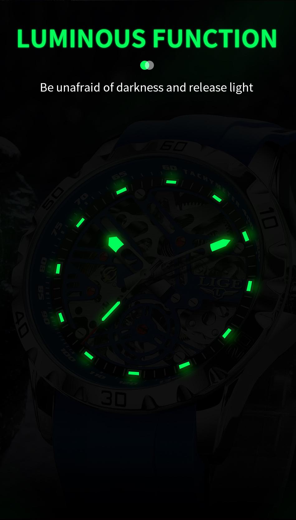 LIGE Men's Skeleton Mechanical Watch, 43mm Casual Wristwatch with Stainless Steel Case and Silicone Strap, Luminous Dial, 30m Water Resistant, Mechanical Style Watches detail 6