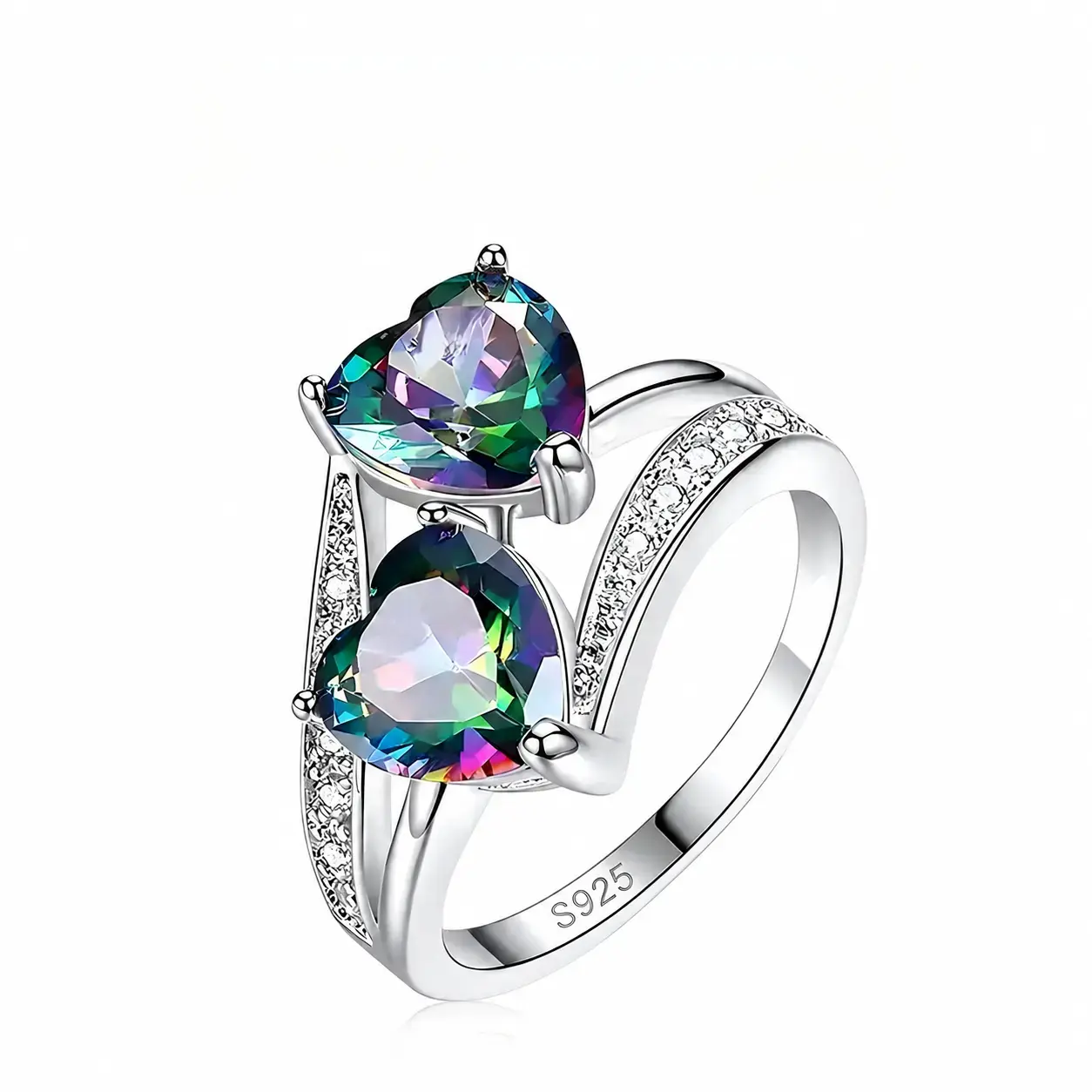 925 Sterling Silver Dual Heart Colorful CZ Statement Ring, Sparkling Rainbow Mystic Gemstone with Side Accent Stones, Fine Silver Jewelry for Engagement & Anniversary