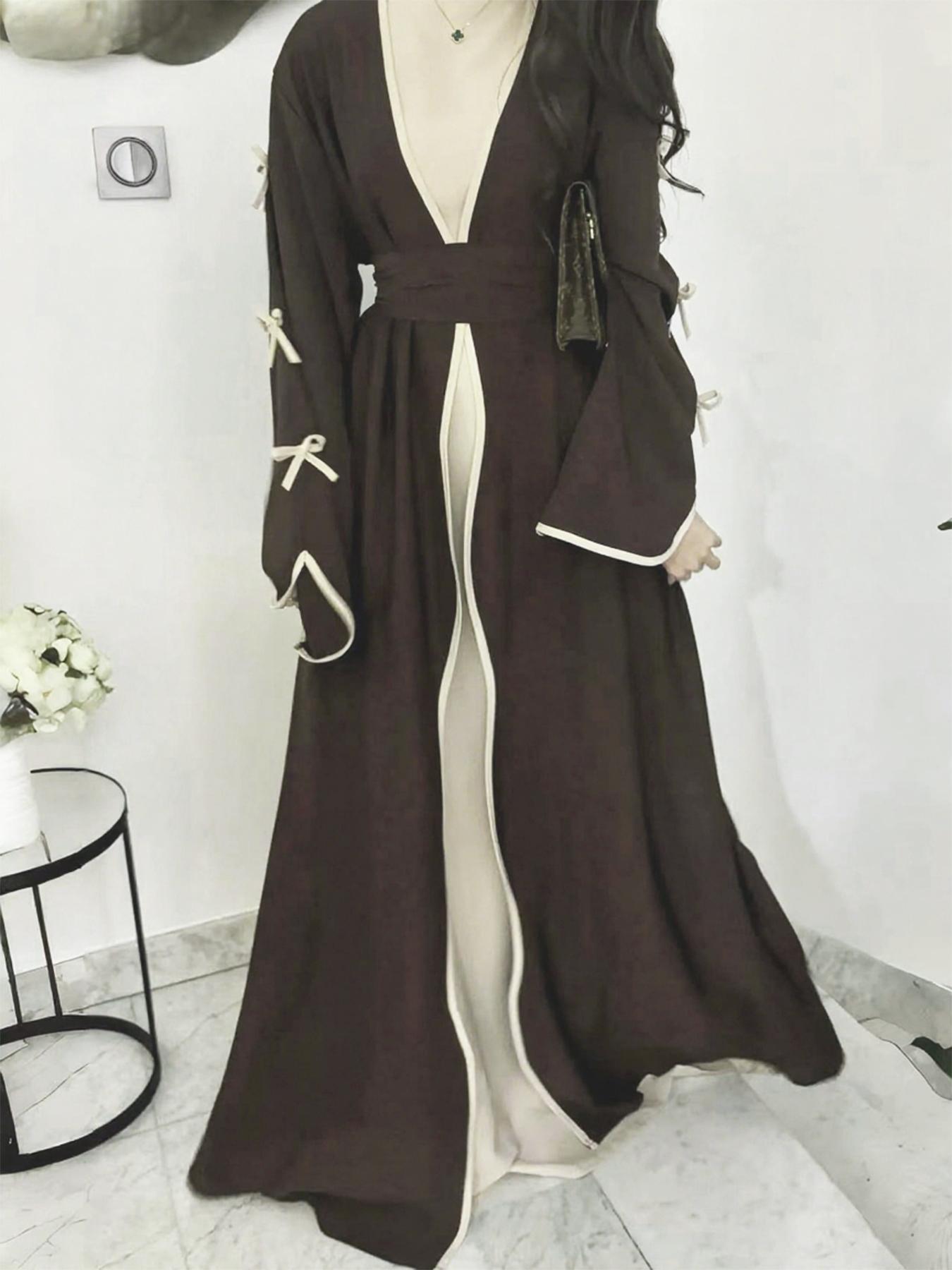 Women's Islamic Clothing Plus Size Dresses, muslims open abayas  Elegant Bow Design Bow Accent Long Dress, Soft Comfortable Casual Outerwear with Waist Belt Included, Spring & Fall Fashion