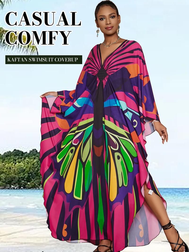 Bsubseach Women's Ethnic Print Kaftan Dress Plus Size All Over Print Sleeve Tunic Dress Boho Casual V Neck 3/4 Sleeve Tunic Dress for Women Mrs Roper Kaftan Bubu Mumu Casual Womenswear Summer Bohemian