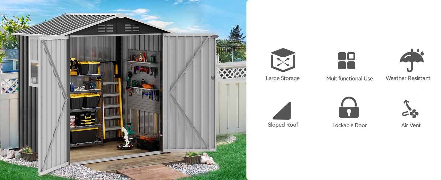 Yitahome 6x4ft Metal Outdoor Storage Shed with Window, Lockable Tool Storage Sheds, Steel Garden Sheds with Sloped Roof for Backyard, Patio, Garage, Lawn