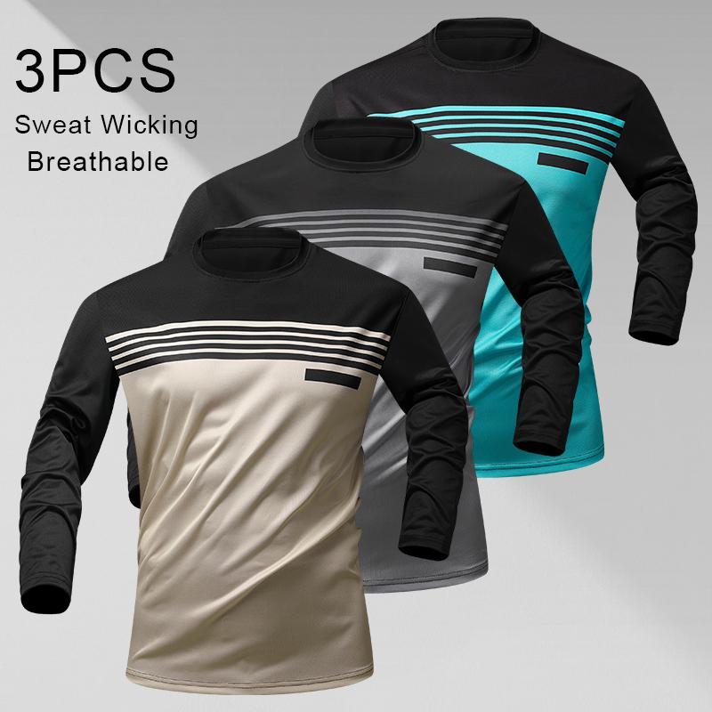 Men’s three-pack striped polyester fiber athletic T-shirts, quick-drying, breathable long-sleeve pullover tops, moisture-wicking cooling base layer with a color-block design, suitable for workouts and commuting (spring/autumn), polyester apparel.