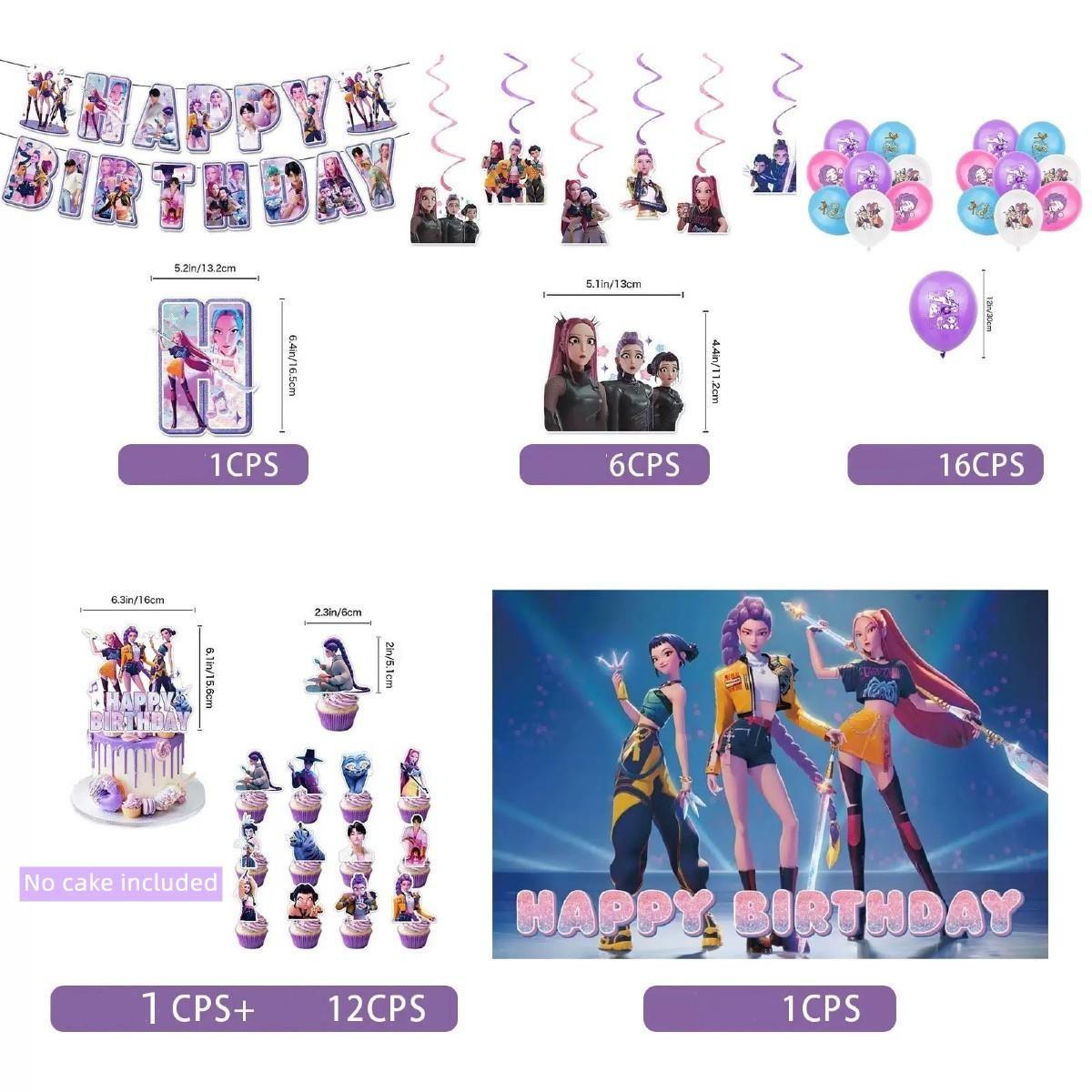 K-Pop Birthday Party Decoration Set - K-Pop Anime Girl - Inspired Background Banner, Balloon and Cake Top, Stickers | Cool K-Pop Theme Party Supplies for Fans, Children and Teenagers, Perfect Gift for K-Pop Hunter Enthusiasts, Mother's Day Gift