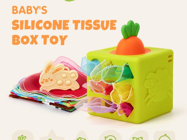 hahaland Baby Tissue Box Toy - Easter Basket Stuffers, with Bunny Teether Carrot Silicone Baby Toys 6-12 Months Montessori Learning Educational Toy Infant Toy 6-in-1 Soft Busy Activity Cube with Scarves, Crinkle, Textures, Mirror Gift for Babies