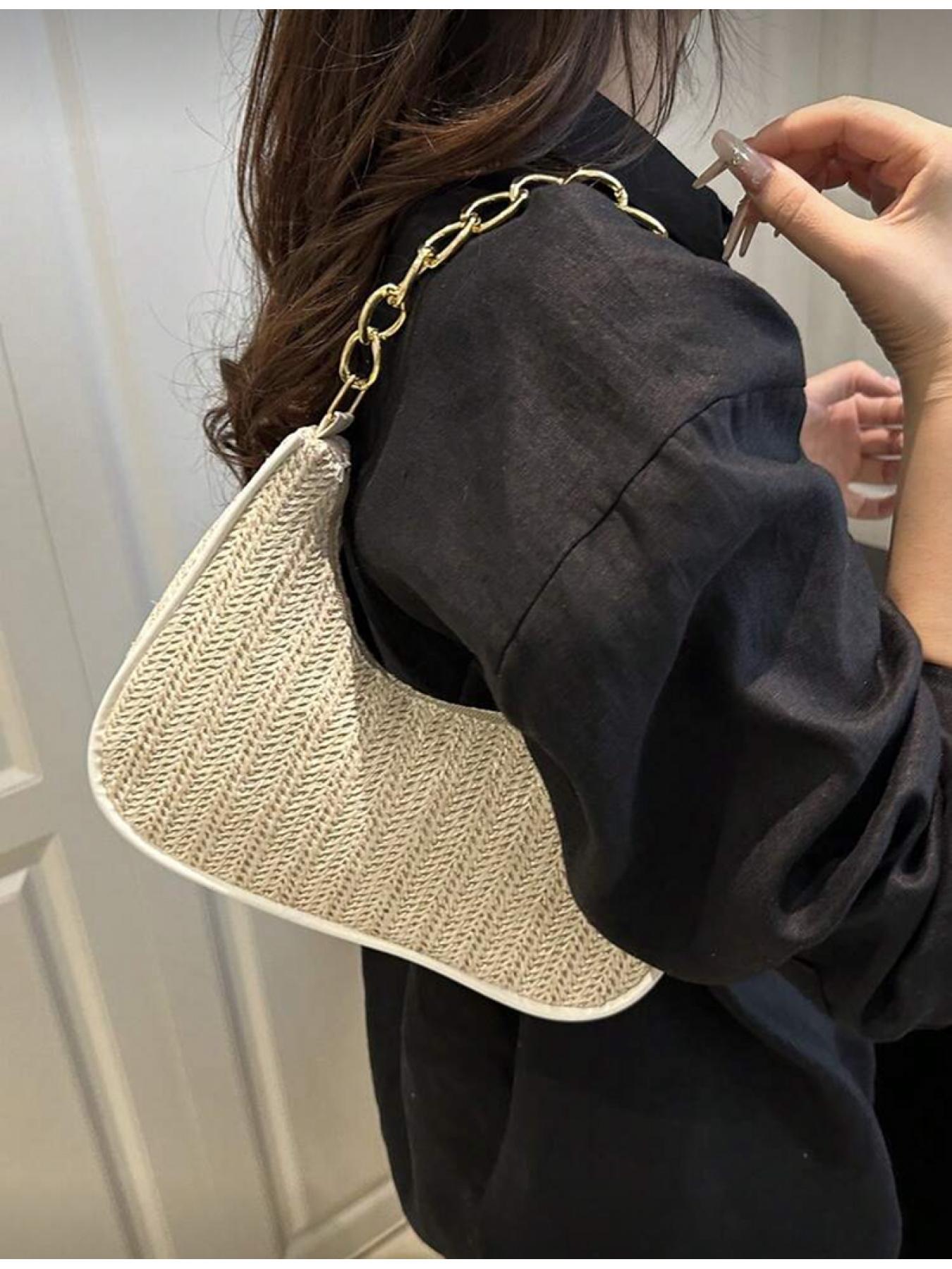 Summer Women Straw Handbag Crescent Shape Metal Chain Tote Beach Bag Casual Multi functional Crossbody Shoulder Bag