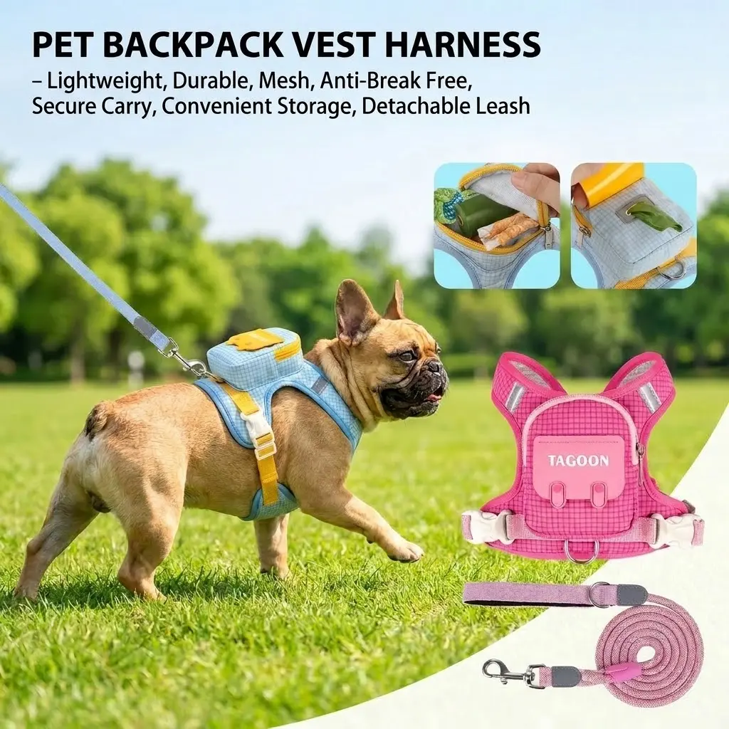 Cute Dog Backpack Harness Vest with Detachable Leash, Breathable Mesh Puppy Saddle Bag for Small Medium Dogs, Pastel Walking Gear in Pink & Sky Blue