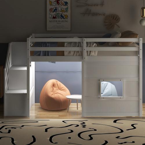 【Bellemave】Twin Size Loft Bed with Storage Staircase and Window, With LED Light, White