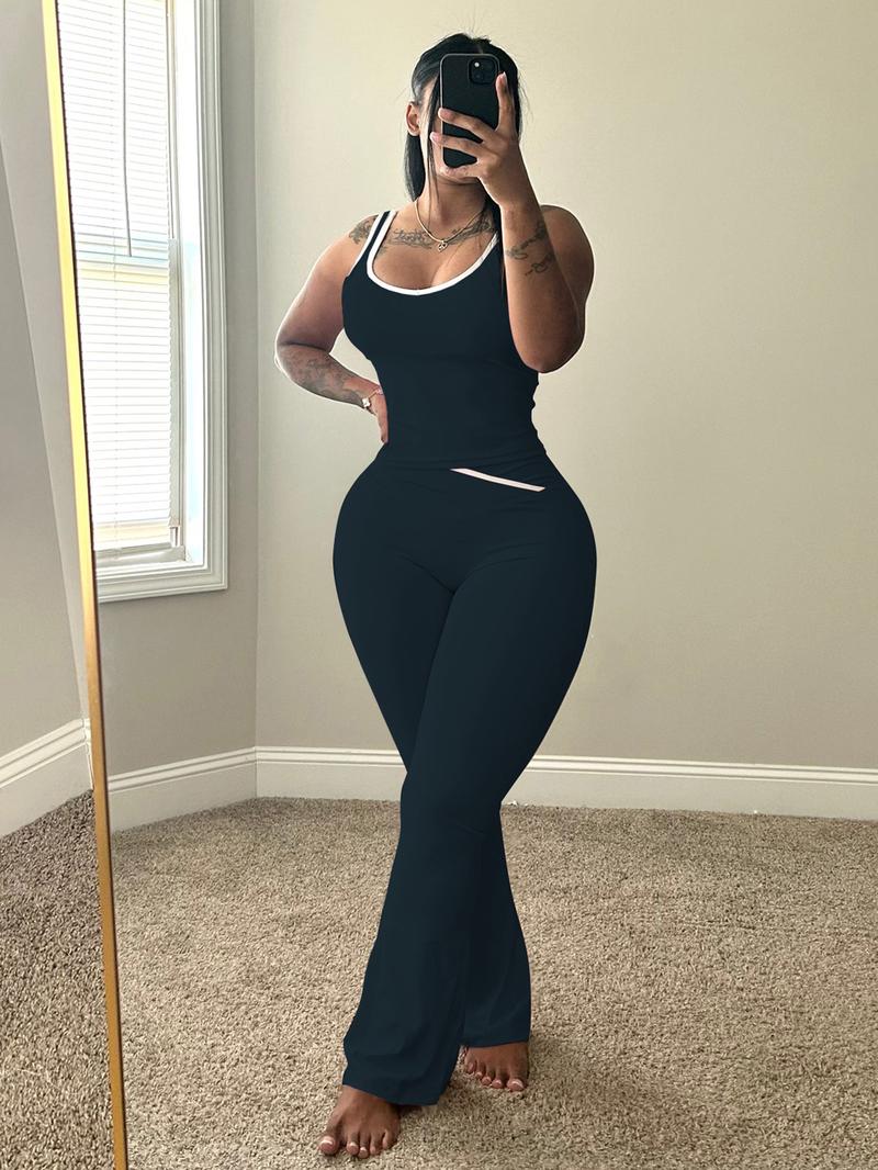 USBoutique Chic Colorblock Crmon Tank &. Dlarod PanteSet | Women's Sleeveless Gym YogaOutfit