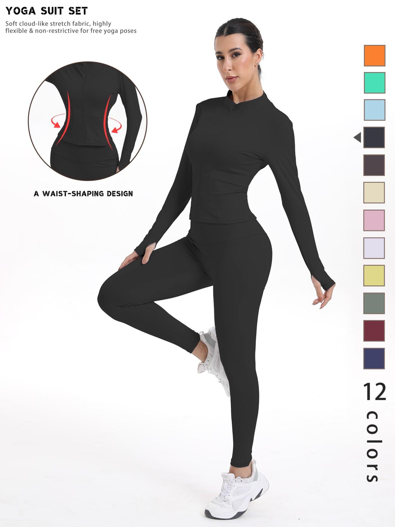 Women's Sporty Quick-Dry Two-Piece Set, New Fashion Slim Fit Yoga Pants, High Elasticity Long Sleeve Top, 12 Colors Available