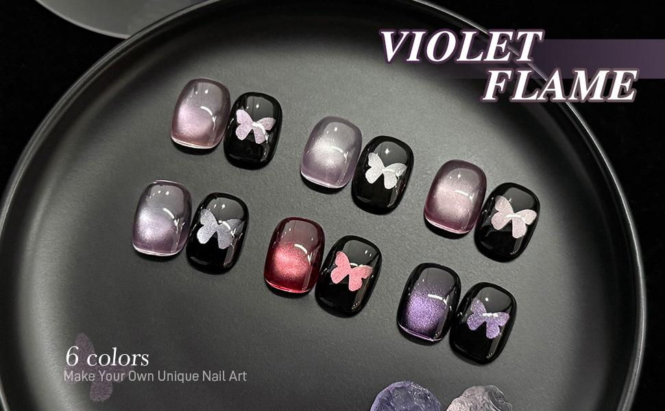 GAOY Violet Flame Purple Cat Eye Gel Polish Set, 6 Cosmic Violet Shades with Magnetic Glitter Effec, Galactic Glitter Gel for Mystic Nail Art