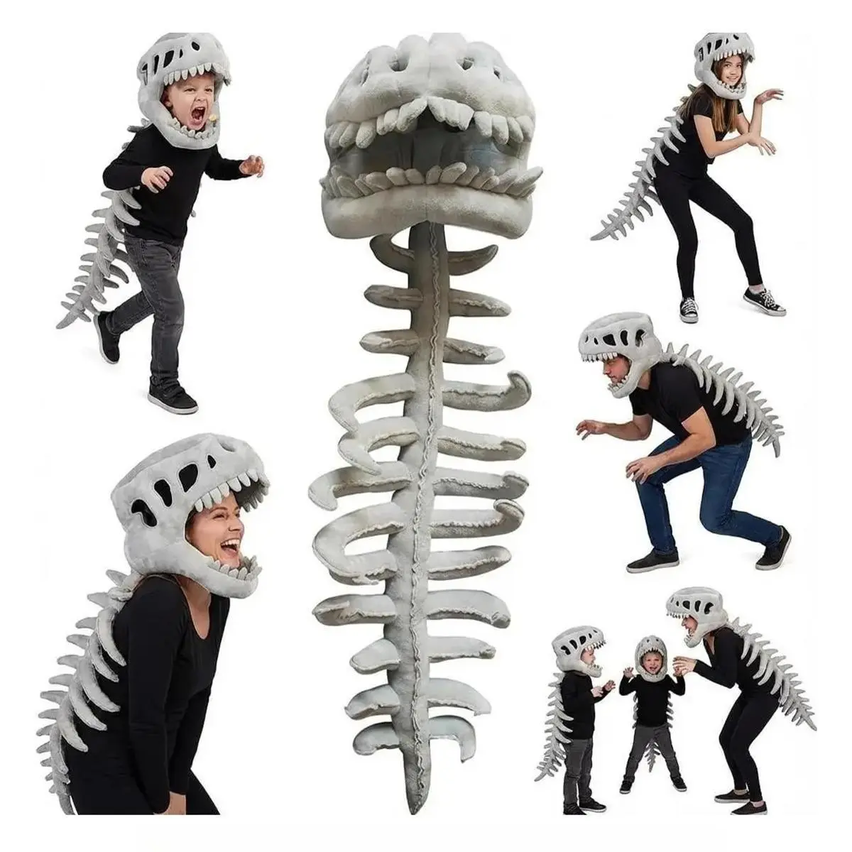 Unisex Realistic Dinosaur Skeleton Wearable Costume Set - Adult Group Costumes, Soft Plush Mask Hood, 1 Spinal Backpiece, Easy to Talk Talk-Easy Pretend Play Halloween Outfit