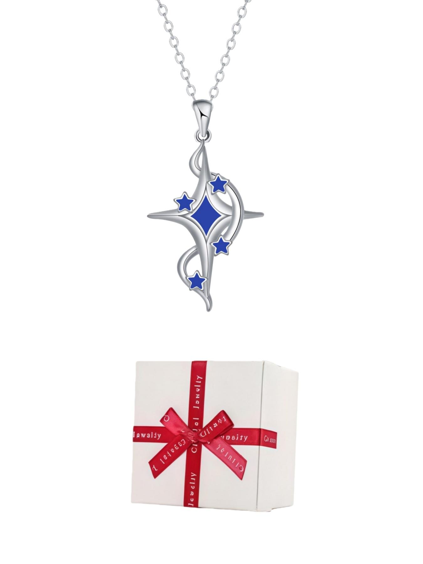 Silver Arc Star Whisper · Blue Glow Elegant cross necklace with surprise double-door preserved rose jewelry gift box. Perfect for birthdays, Mother's Day, Valentine's Day and all festive gifting.