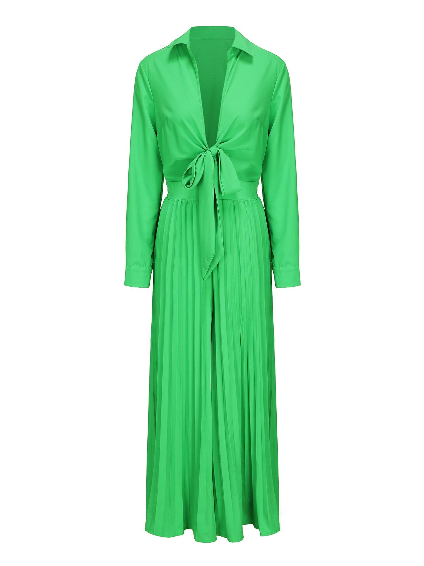 Women's Plain Pleated Knot Front Wide Leg Jumpsuit, Elegant Long Sleeve Collared Jumpsuit For Spring & Fall, Women's Clothes For Work Office Business