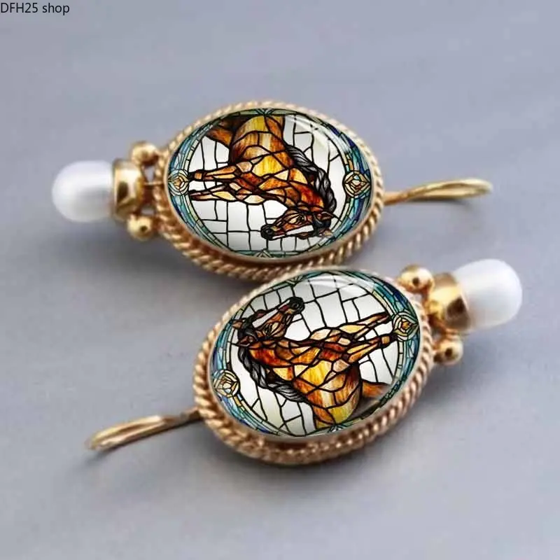 Vintage Stained Glass Horse Drop Earrings, Elegant Oval Dangle Earrings with Colorful Equestrian Art Print, Lightweight Retro Statement Jewelry for Daily Wear, Gifts for Horse Lovers