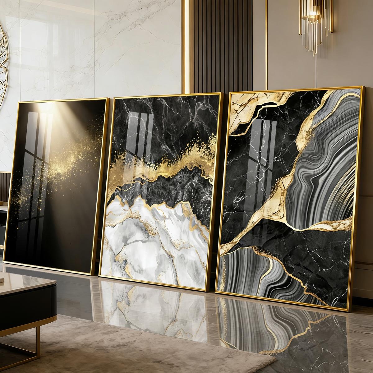 3 Counts Aluminum Alloy Framed Painting, Abstract Black Gold Marble Texture Pictures, Home Decoration For Living Room, Bedroom, Office, Restaurant, Hallway Wall Decor, Odorless Print Artwork, Luxury Perfect Gift For Friends And Family