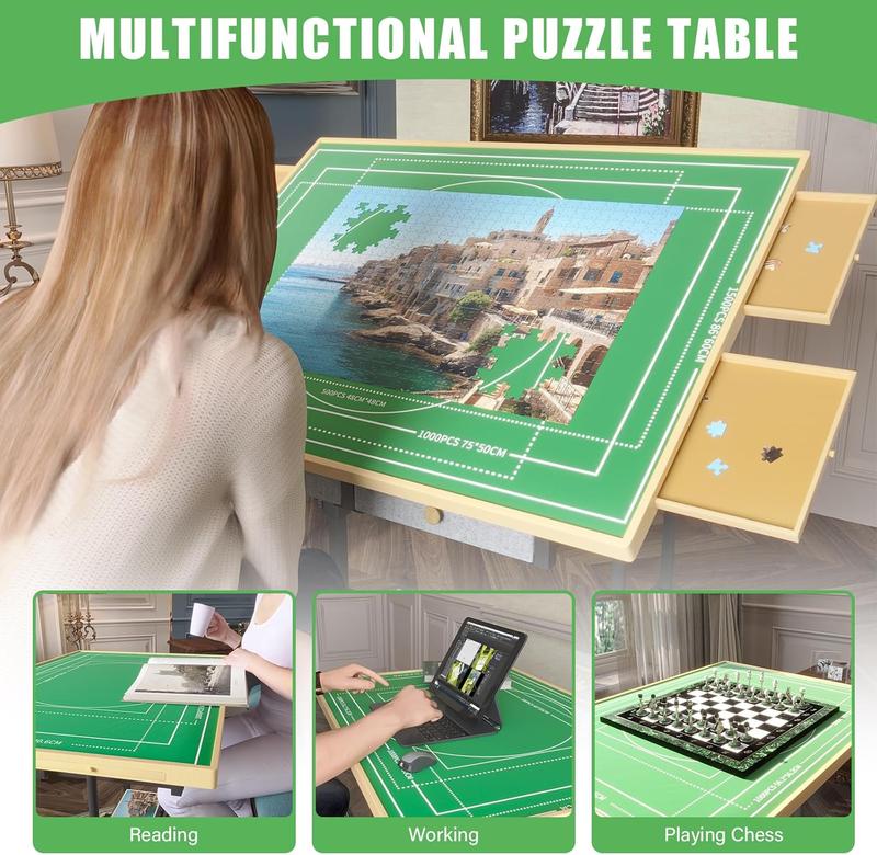 POZILAN 1500-2000 Piece Jigsaw Puzzle Table with Legs, Adjustable 5-Tilting-Angle Board with 6 Drawers with 4 Wheels for Adults