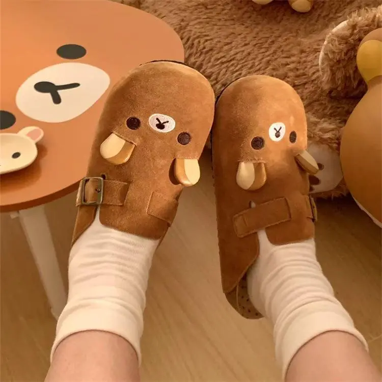 Cute Cartoon Bear Slippers for Girls, Plush Half-Cover Mules with a Flat Sole for Indoor Outdoor Casual Wear