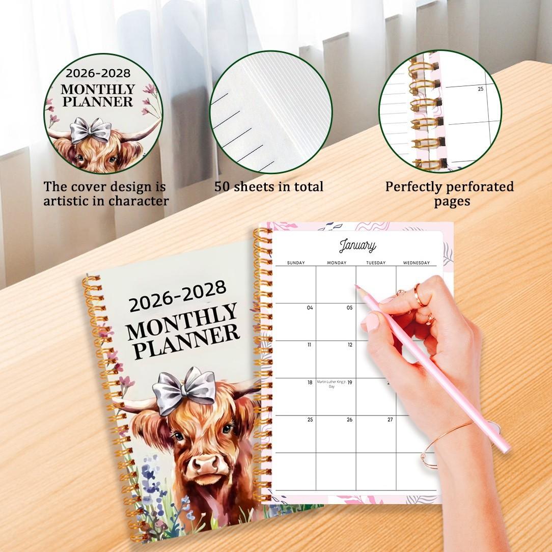 Highland Cow Monthly Planner Notebook 2026-2028, Coilbound Looseleaf Schedule Organizer, Essential Planning Tool for Efficient Time Management
