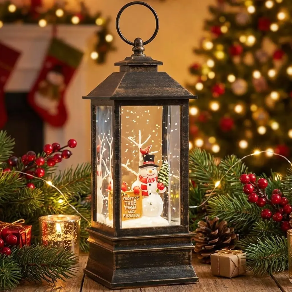 10" Christmas Snow Globe Lantern with Farm Snowman Lighted Swirling Glittering Snow Globes with Music & Timer Christmas Decorations for Home Tabletop Indoor
