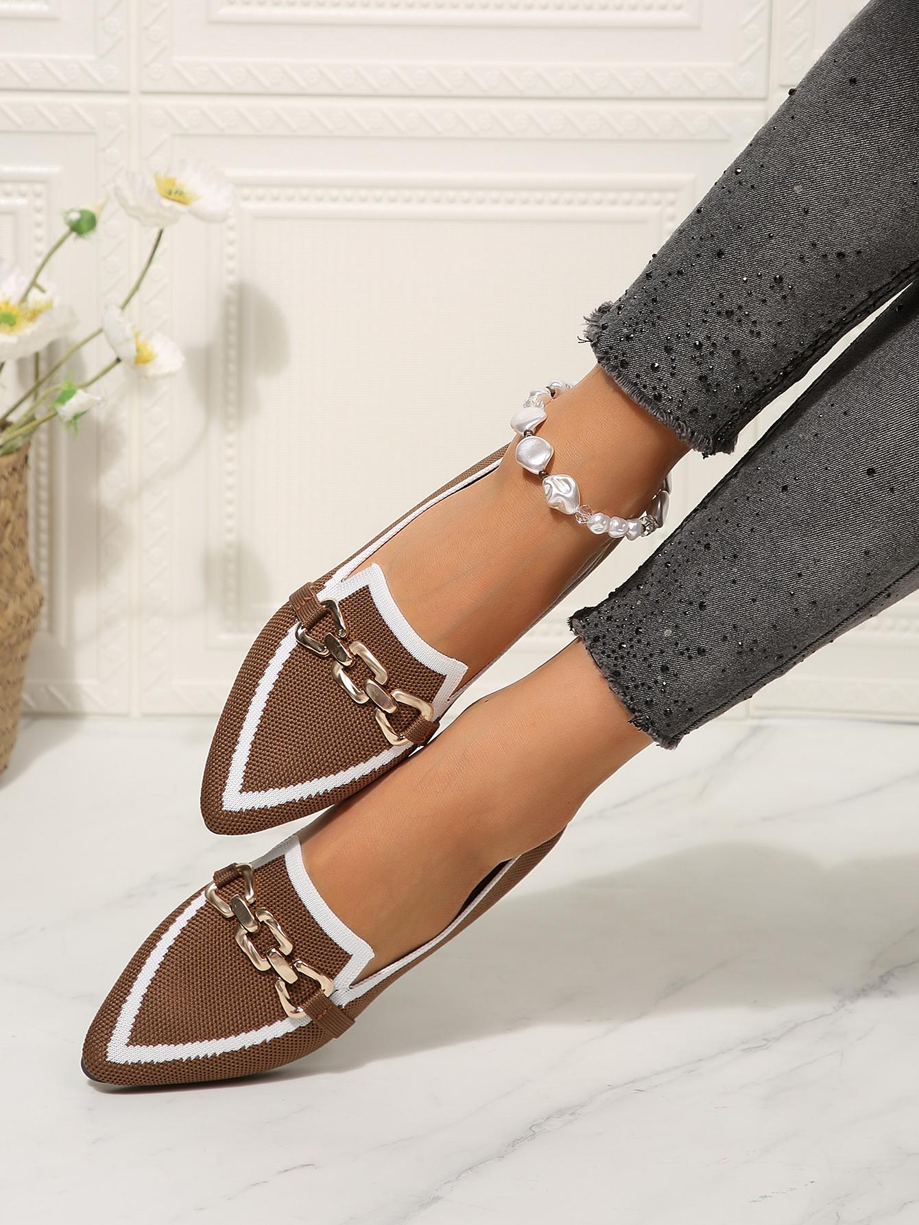 1 Pair Women's  Colorblock Knit Pointed Toe Metal Buckle Flat Loafers, Minimalist Commute Style Breathable Slip-On Shoes, Versatile Elegant Comfortable Professional Footwear for Office Work