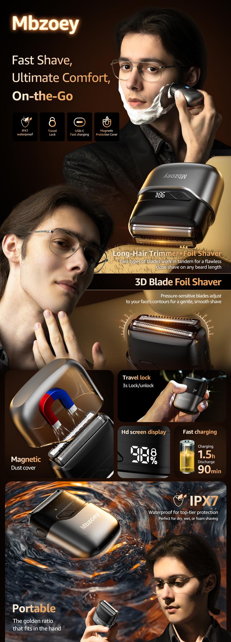 [TikTokShopStockUp]Mbzoey Mini Razor for Men, Compact Foil Shaver, IPX7 Waterproof, Wet Dry Use, Precision Titanium Blades, LED Fast Charging, Travel Groomer, FathersDayGift Daily Flawless