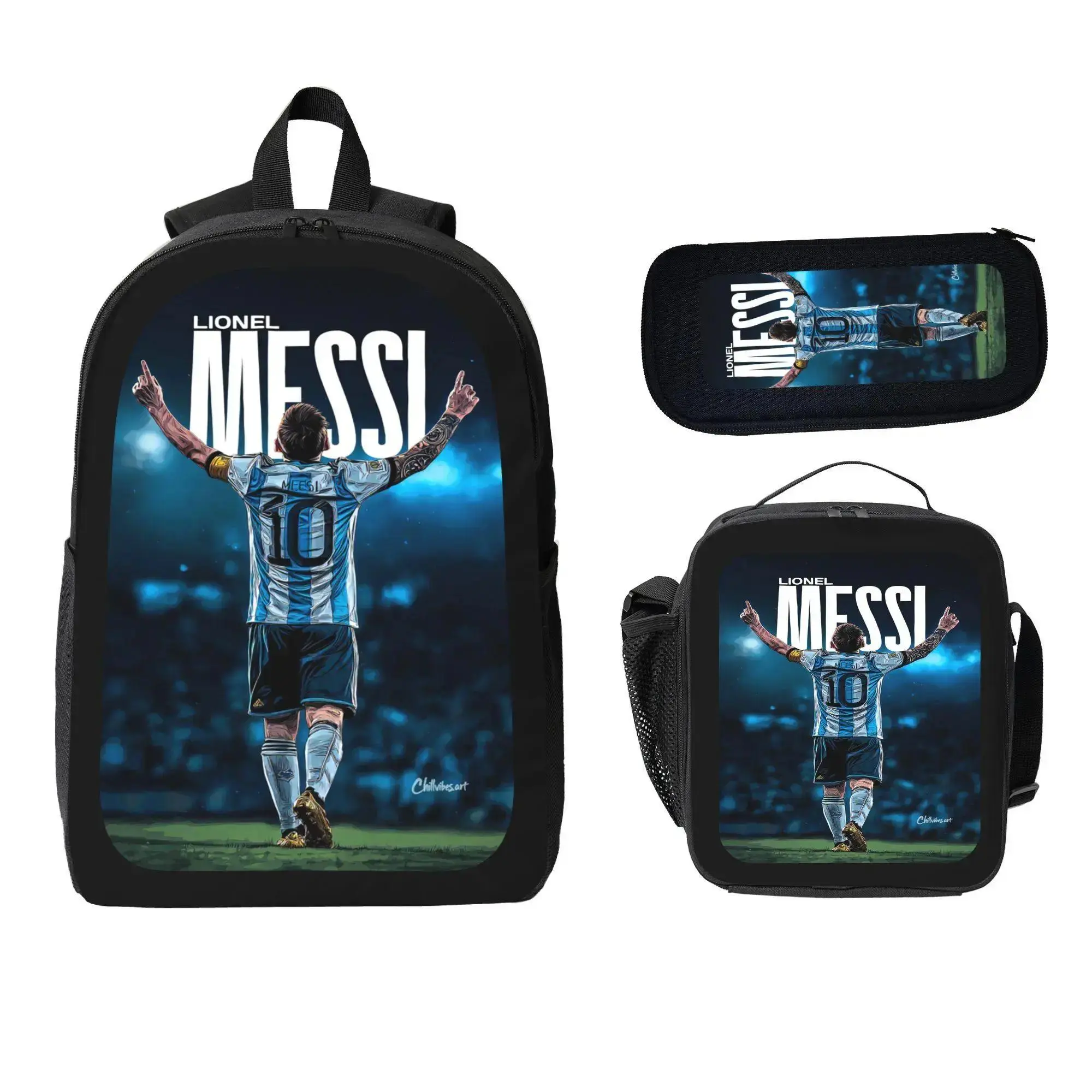 3Pcs Backpack Set Lionel Messi Soccer Player Pattern With Lunch Bag Pencil Pouch School Bag For Boys Kids Students Sports Fans