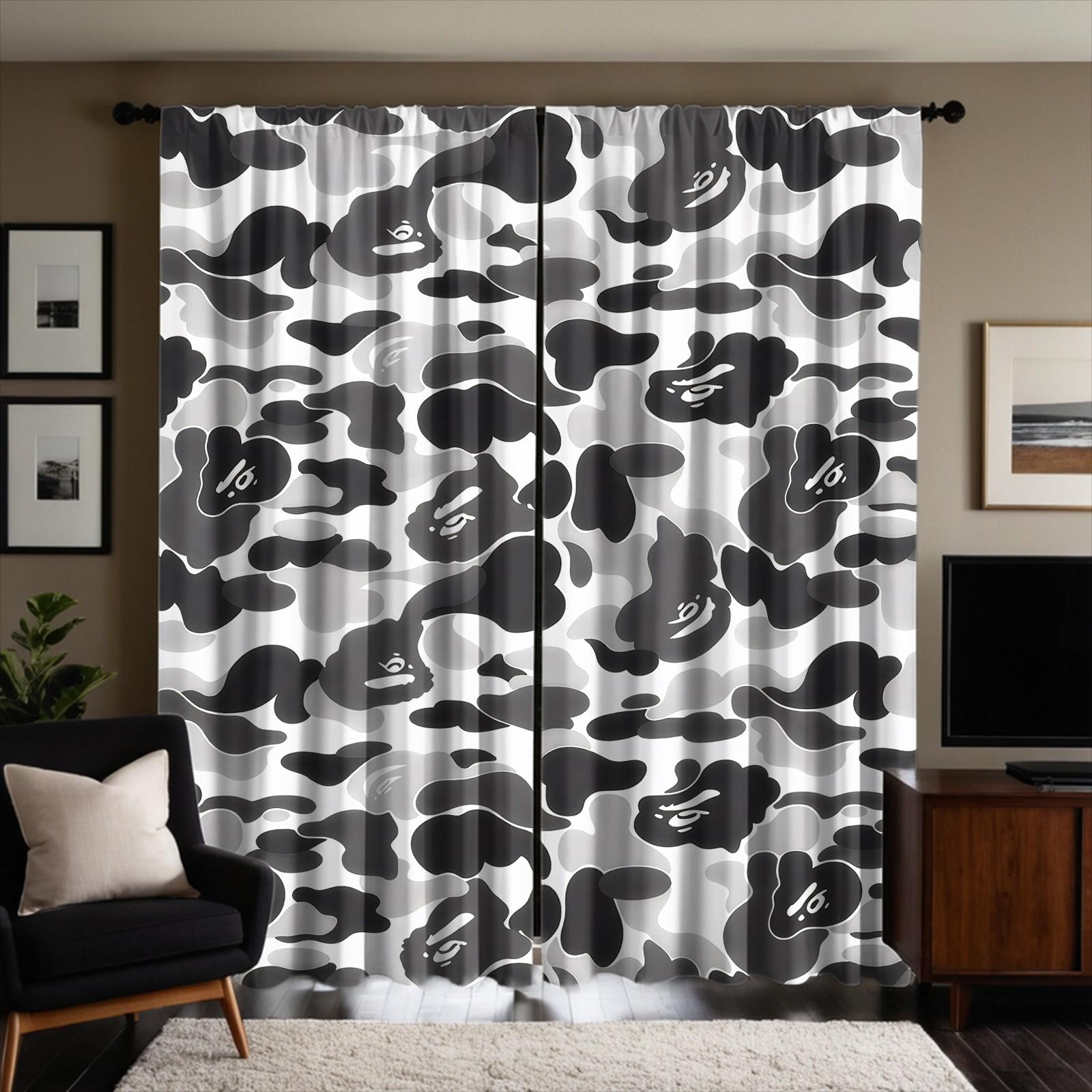 Trendy Black White Camouflage and Animal Silhouettes Curtains Home Decoration Curtain-Two-Piece Rod Pocket Design No Drilling Installation-Privacy Blocking Decorative Drape-Boys Bedroom/Designer Toy Display Room/Gaming Room Decor Window Drapes