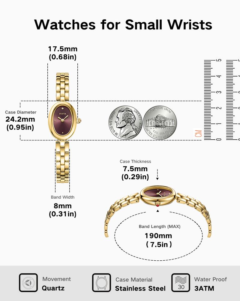 FIYTA Golden Bean Series Women's Watch, Oval Case, Adjustable Stainless Steel Bracelet, Wrapped by Stylish Gift Box, Elegant Present Gold Watch for Women,Womens gifts