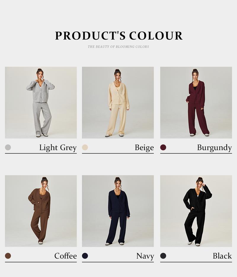 KatchMe Women's Slouchy Cozy Solid Color V Neck Long Sleeve Button Cardigan & Drawstring Waist Trousers Co-ord, Soft Loose Two Piece Outfits (2)