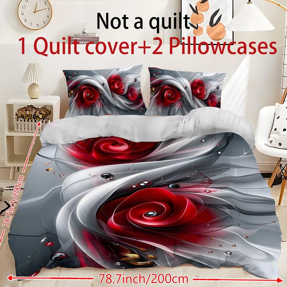 Three-piece bedding set - 2pcs/3pcs 2D Flat silver, white, and red rose abstract pattern duvet cover set (1 duvet cover + 1/2 pillowcases, no insert), multi-color printed bedding set, soft and comfortable, suitable for family bedrooms and guest rooms.