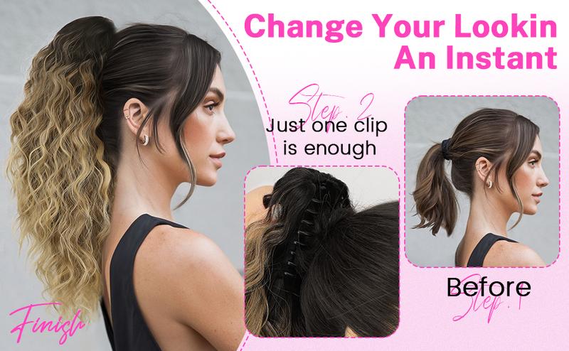 ORSUNCER Ponytail Extension 18" Curly Pony Tail Clip in Claw Short Ponytail Fluffy Natural Looking Synthetic Hairpiece for Women Easy To Go