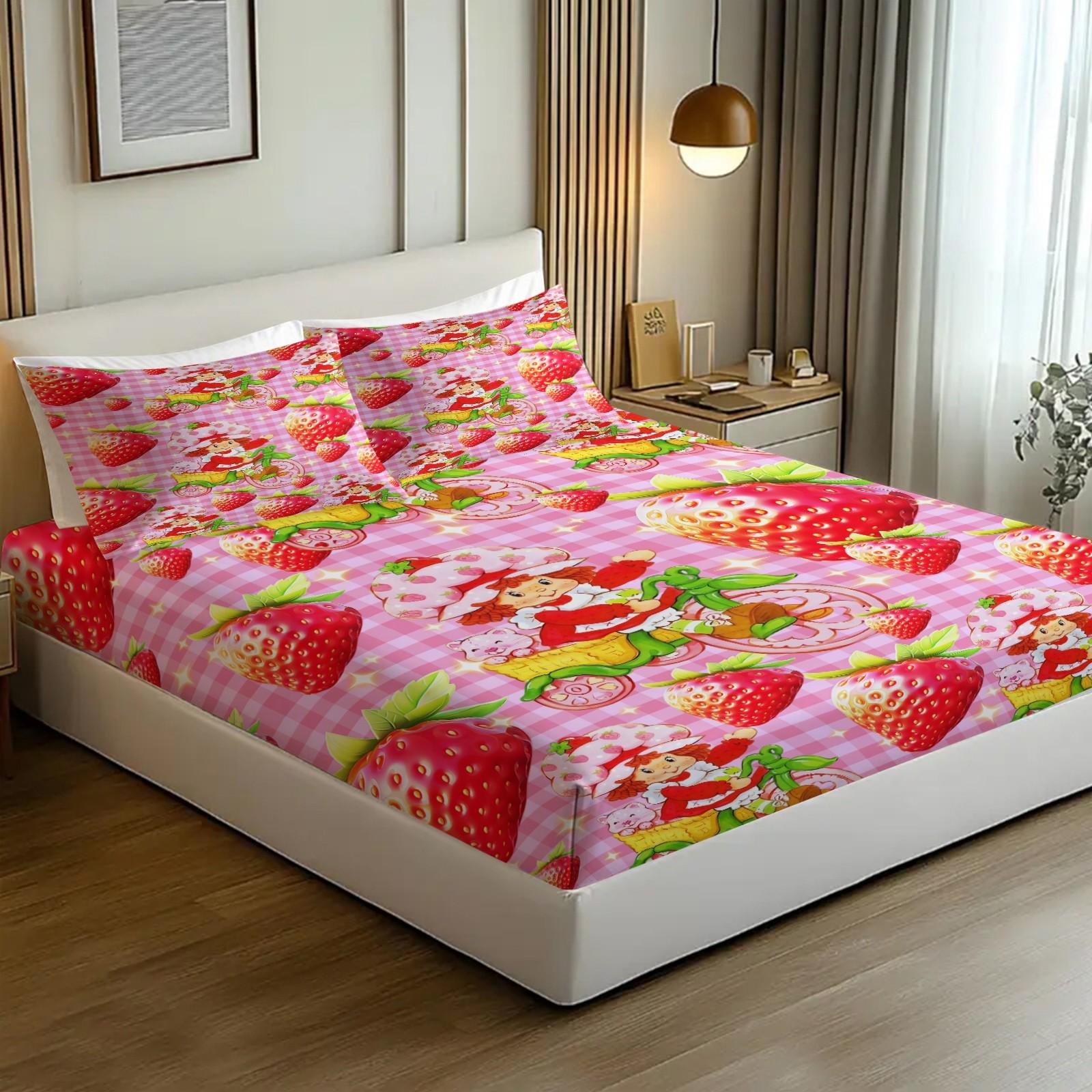 Strawberry Shortcake Gingham Fitted Sheet Set, 1 Fitted Sheet + 2 Pillowcases - 3 Pcs Soft Breathable Bedding with Deep Pocket, 360° All-Round Wrap, Wrinkle Resistant, Cute Strawberry Cartoon Bed Sheets for Girls Bedroom Decor, Full Size