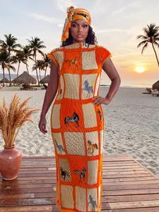 Elegant Animal Print Robe Set, Hooded Shawl Dress + Long Headscarf Hairband, Women's Beach Sun Protection Satin Scarf, All Seasons, Swimwear Coverups, Beach Swimsuit Cover