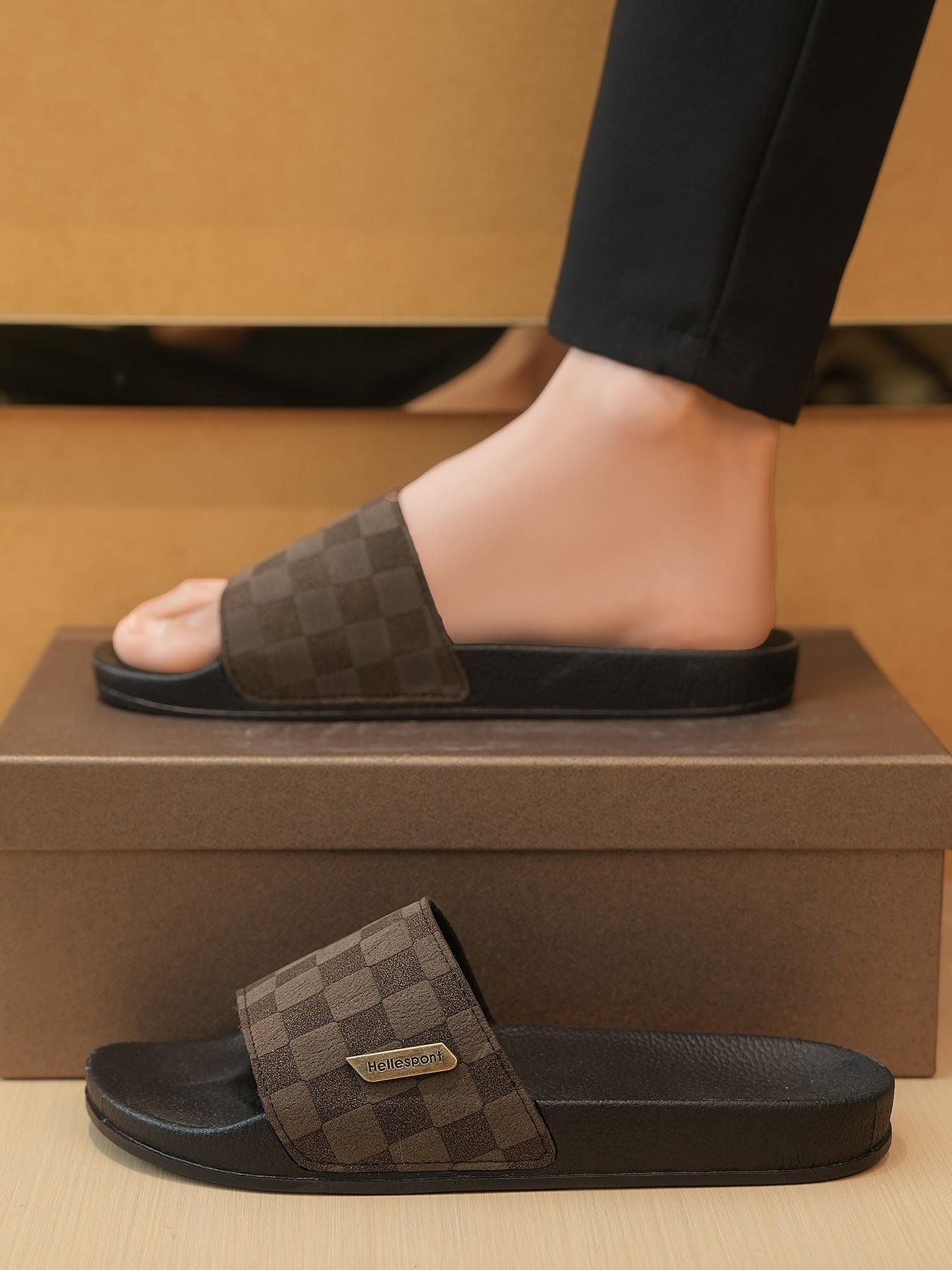 Men's Plaid Slip-On Sandals, Breathable Toe-Exposed Shoes, Anti-Slip Sole, Classic Retro Design, Comfortable Casual Footwear