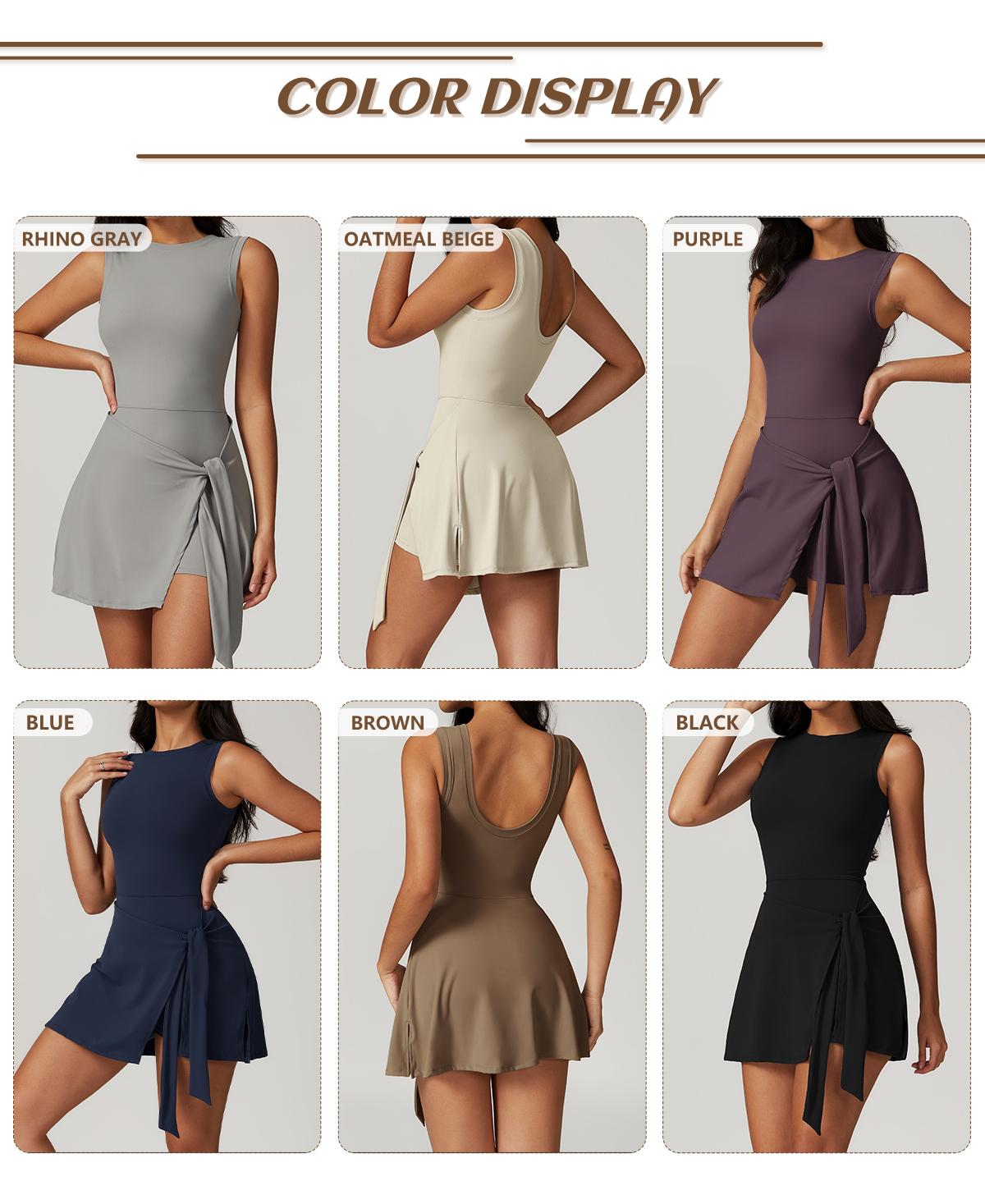 TimeOFF Women's Tank Off-Shoulder U-Back Dress , Side-Tie, Built-In Shorts , Soft, Stretchy , Skin-Friendly , Tennis Yoga Gym , FitGirlOOTD , GymInspo