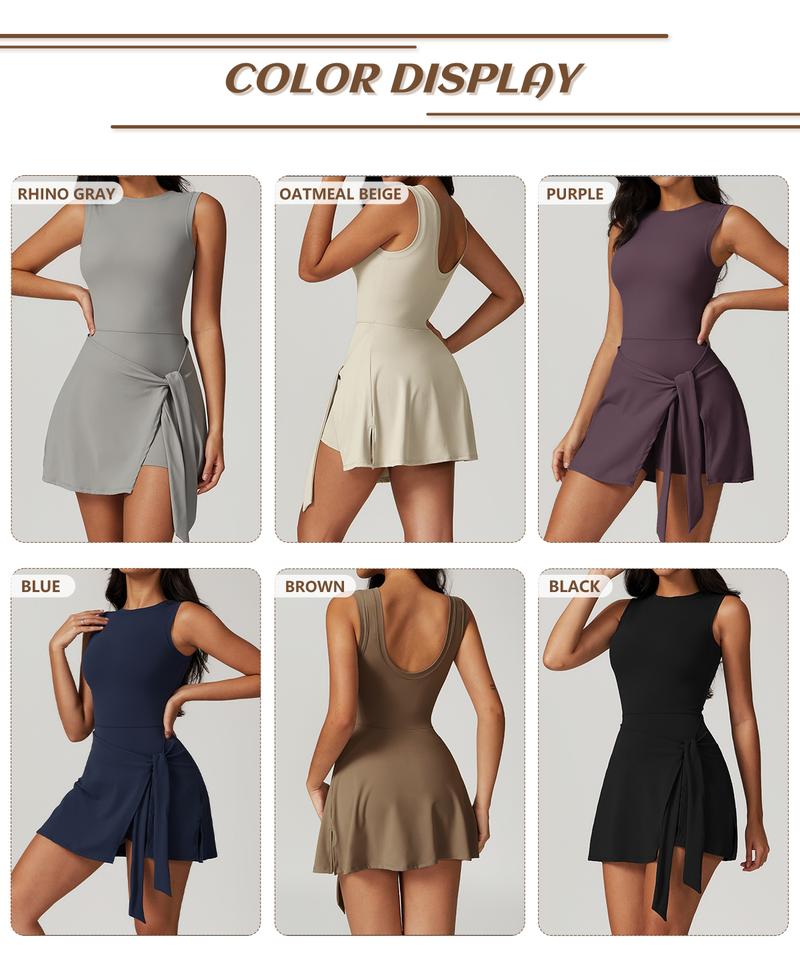 TimeOFF Women's Tank Off-Shoulder U-Back Dress , Side-Tie, Built-In Shorts , Soft, Stretchy , Skin-Friendly , Tennis Yoga Gym , FitGirlOOTD , GymInspo