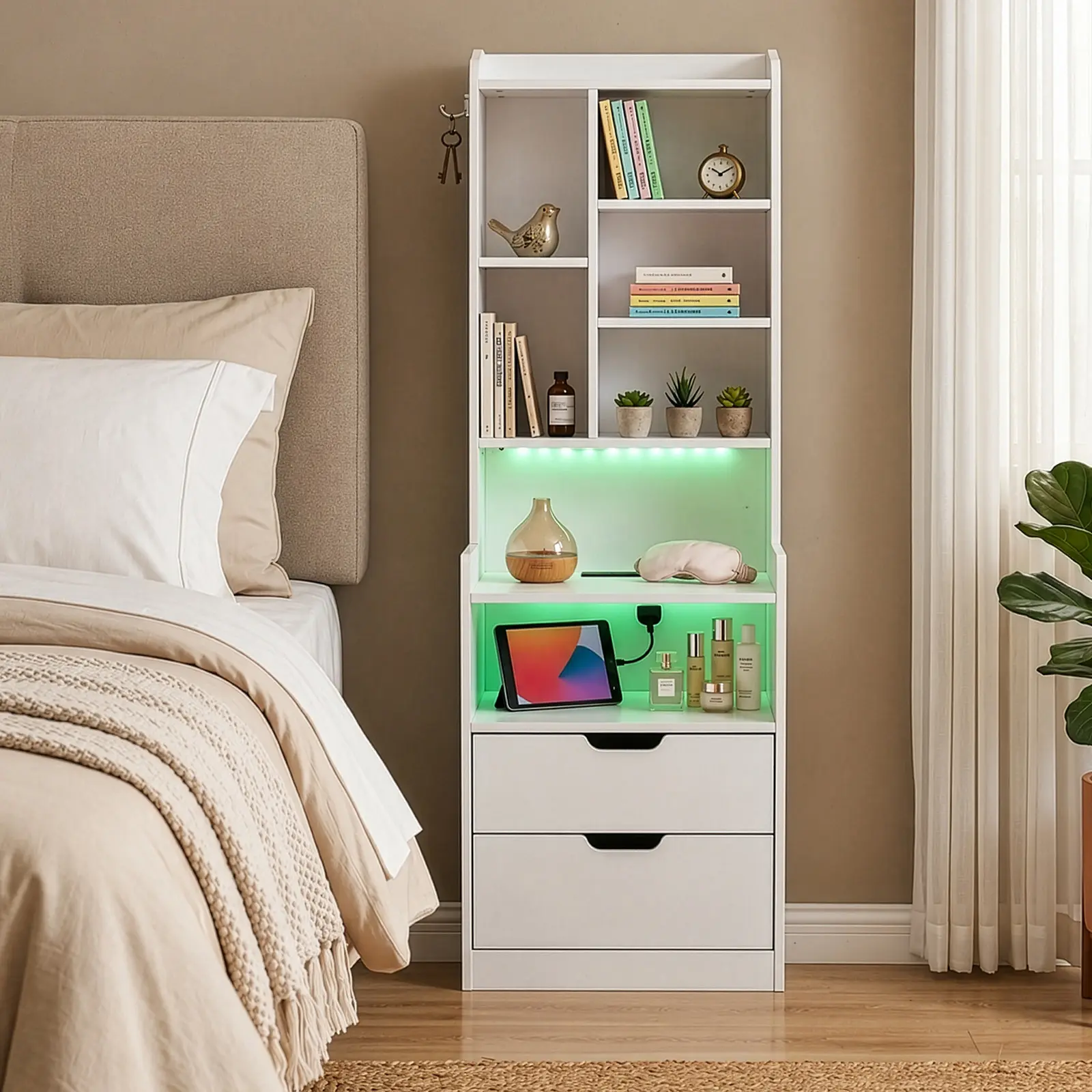 50 Inch Tall Nightstand with Charging Station, 2 Drawer Bedside Table with 6 Tier Shelves, USB USB C and 2 AC Outlets, Storage Cabinet for Bedroom