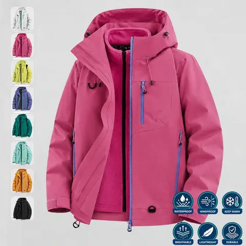 Men's Plain Polyester 3-in-1 Hooded Jacket - Detachable Fleece Liner, Full Zip, Multi-Pocket Hiking Outerwear - Warm, Breathable Coat for Hiking, Camping, Daily Outdoor Use