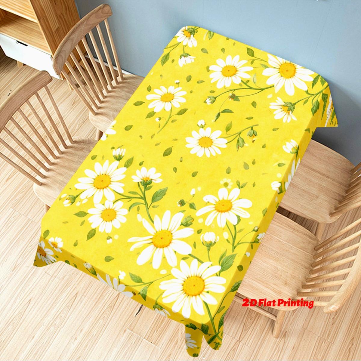 Floral Tablecloth, Bright Daisies, Easy-Clean Polyester, Rectangular Dining Table Cover, Party, Wedding, Home Decor