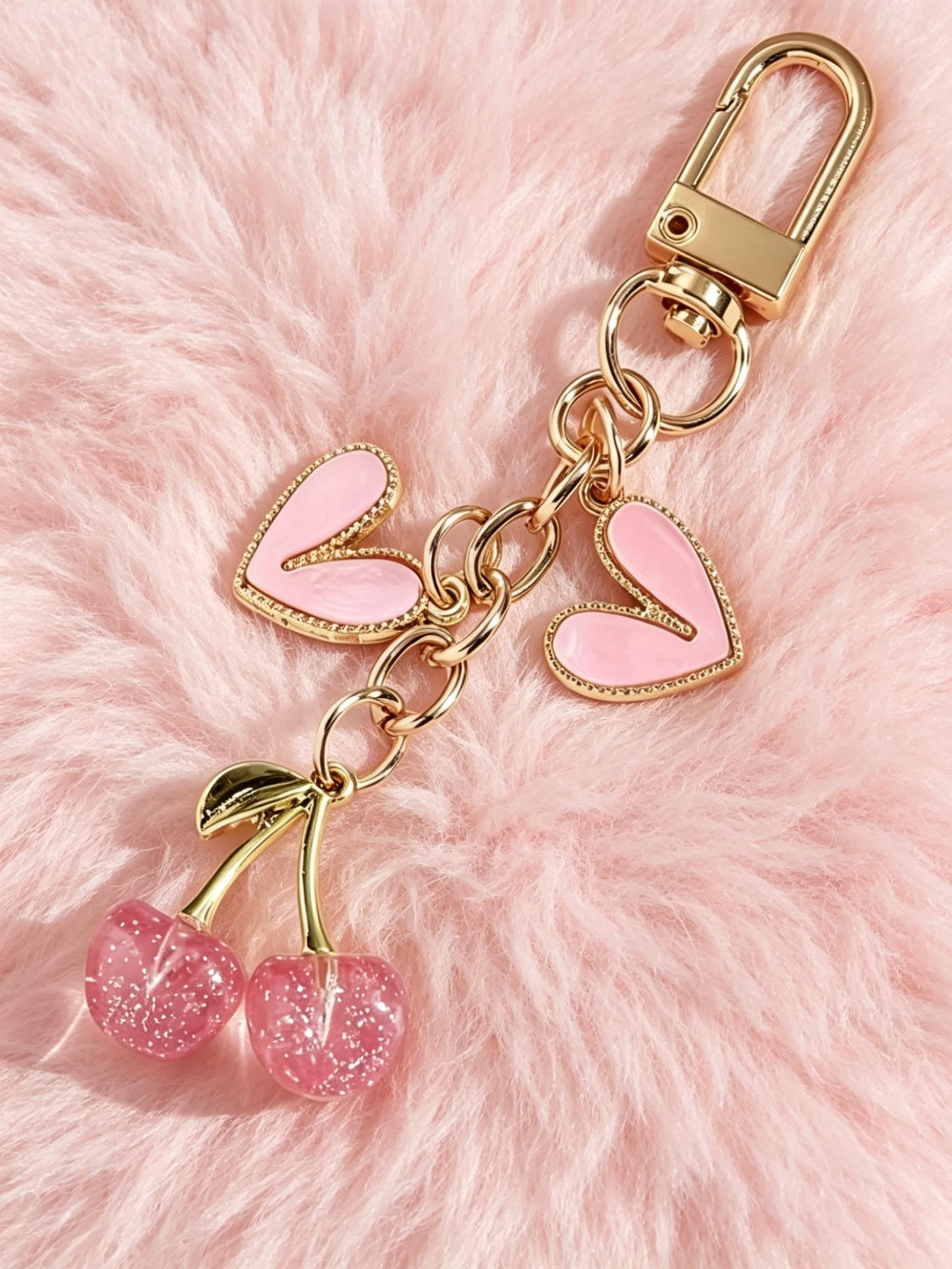 Elegant Cherry Heart Keychain for Women, Cute Glossy Cherry Key Ring, Fashion Bag Charm, Casual Style, No Choking Risk