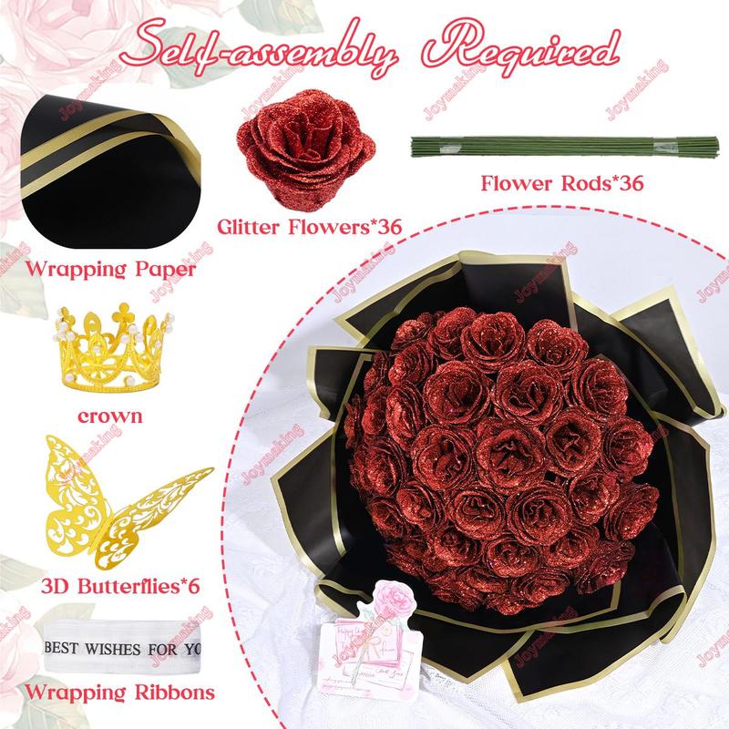 Valentine's Day 24/36 Pcs Glitter Roses Bouquet Set with 3D Butterflies Crowns & Ribbons for Girlfriend Wife Mom Friend Women Gift Perfect for Birthday Engagement Wedding Anniversaries Graduation