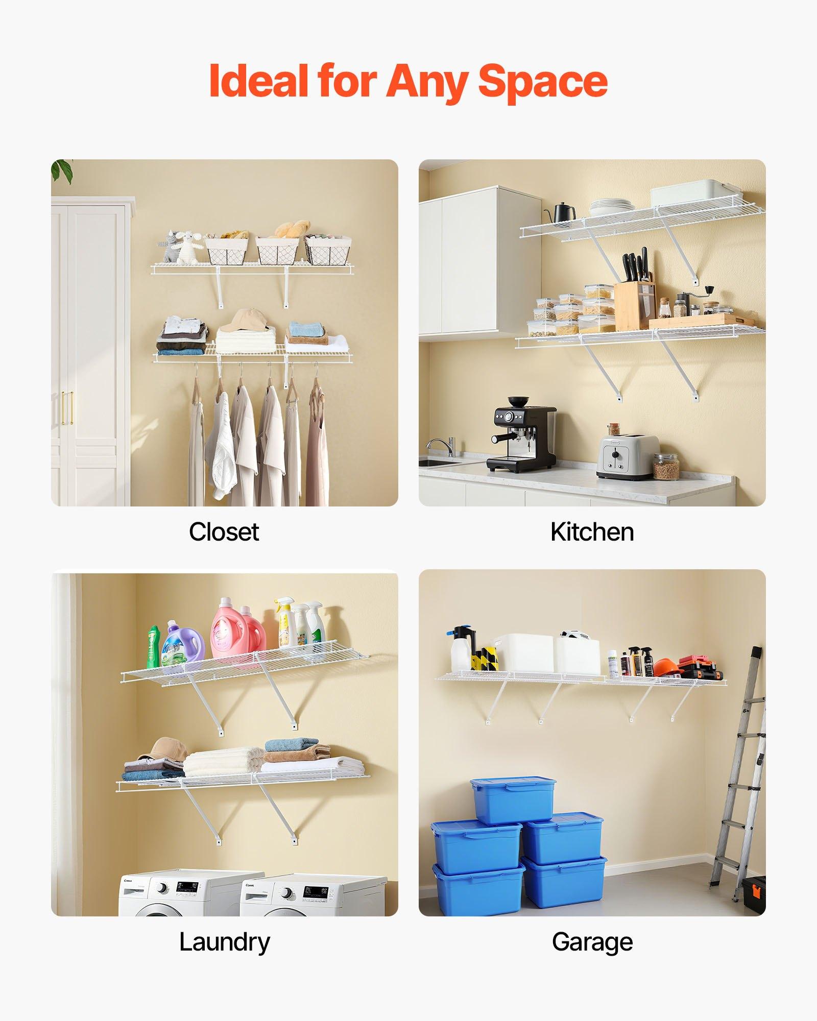 VEVOR Wire Shelf Kit, 4 ft, Set of 2, Wall Mounted Wire Shelves, Heavy-Duty Carbon Steel Hanging Shelf, Floating Wall Storage Shelves with Dip Coating, for Closet, Bedroom, Living Room, Office, Pantr VEVOR Wire Shelf Kit, 4 ft, Set of 2, Wall Mounted Wire Shelves, Heavy-Duty Carbon Steel Hanging Shelf, Floating Wall Storage Shelves with Dip Coating, for Closet, Bedroom, Living Room, Office, Pantr