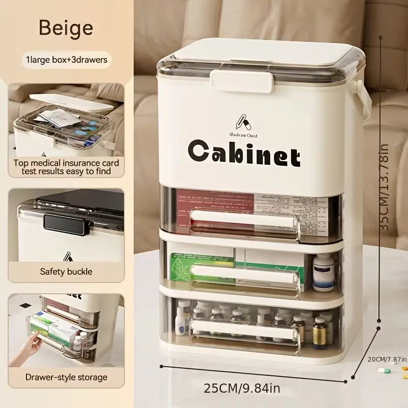 Lockable Transparent Drawer Medicine Cabinet, Large Capacity Drug Storage Box, Portable Multi-Layer First Aid Kit, Home School Travel Use, Clear Organizer
