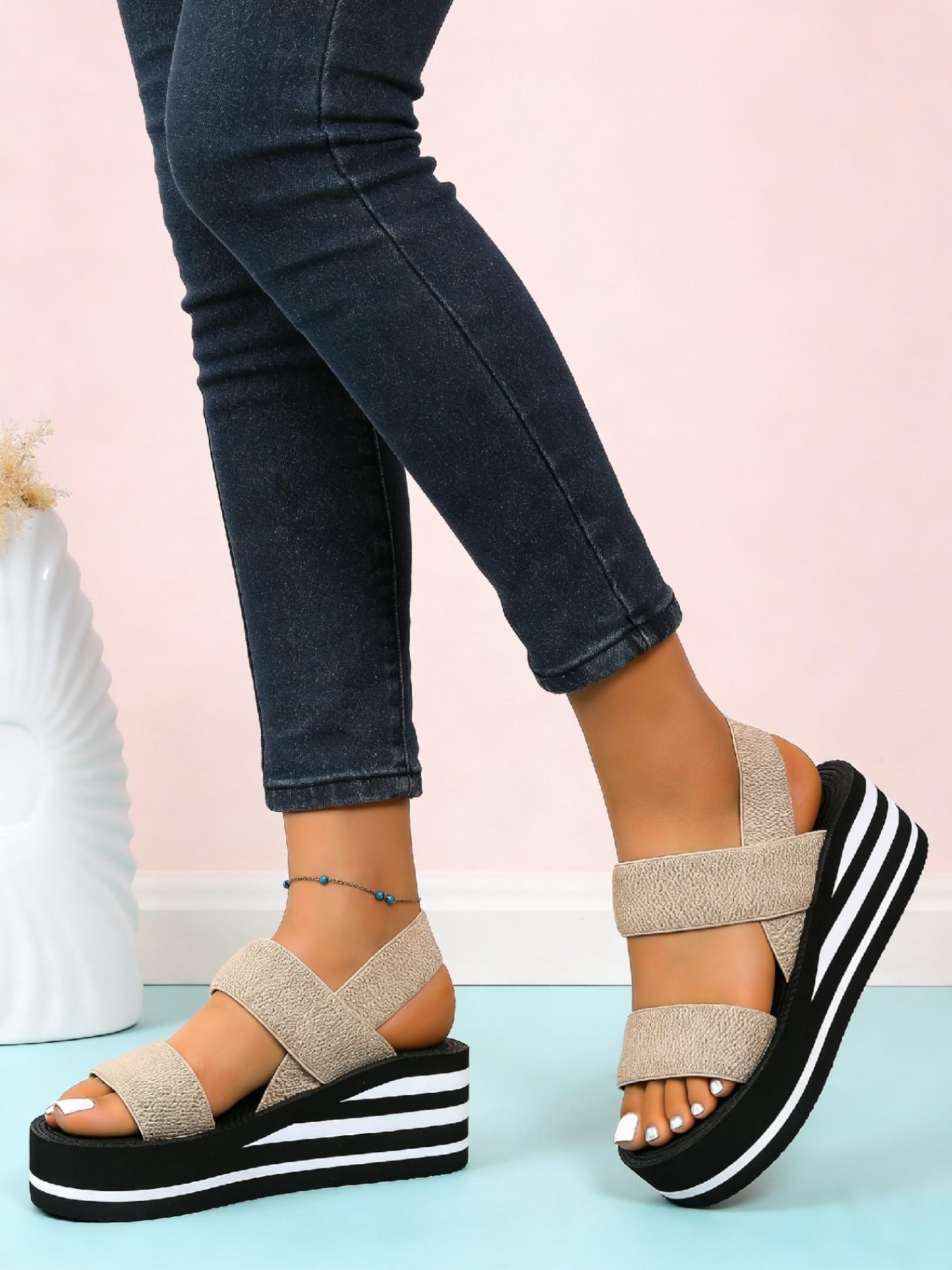 Thick Sole Fish Mouth Sandals, Elastic Strap, Lightweight Casual Beach Shoes, All-Season Textile Upper, Rubber Sole, Large Size