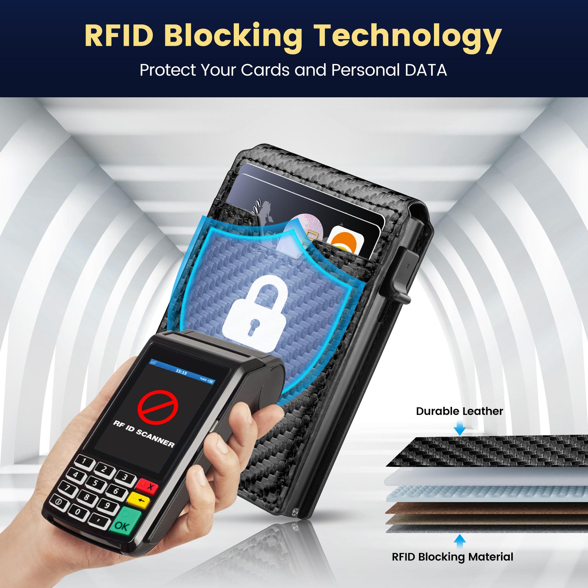 Minimalist Wallet for Men - with Money Clip Slim Leather Credit Card Holder RFID Blocking Bifold Carbon Fiber Wallet Pop Up Case