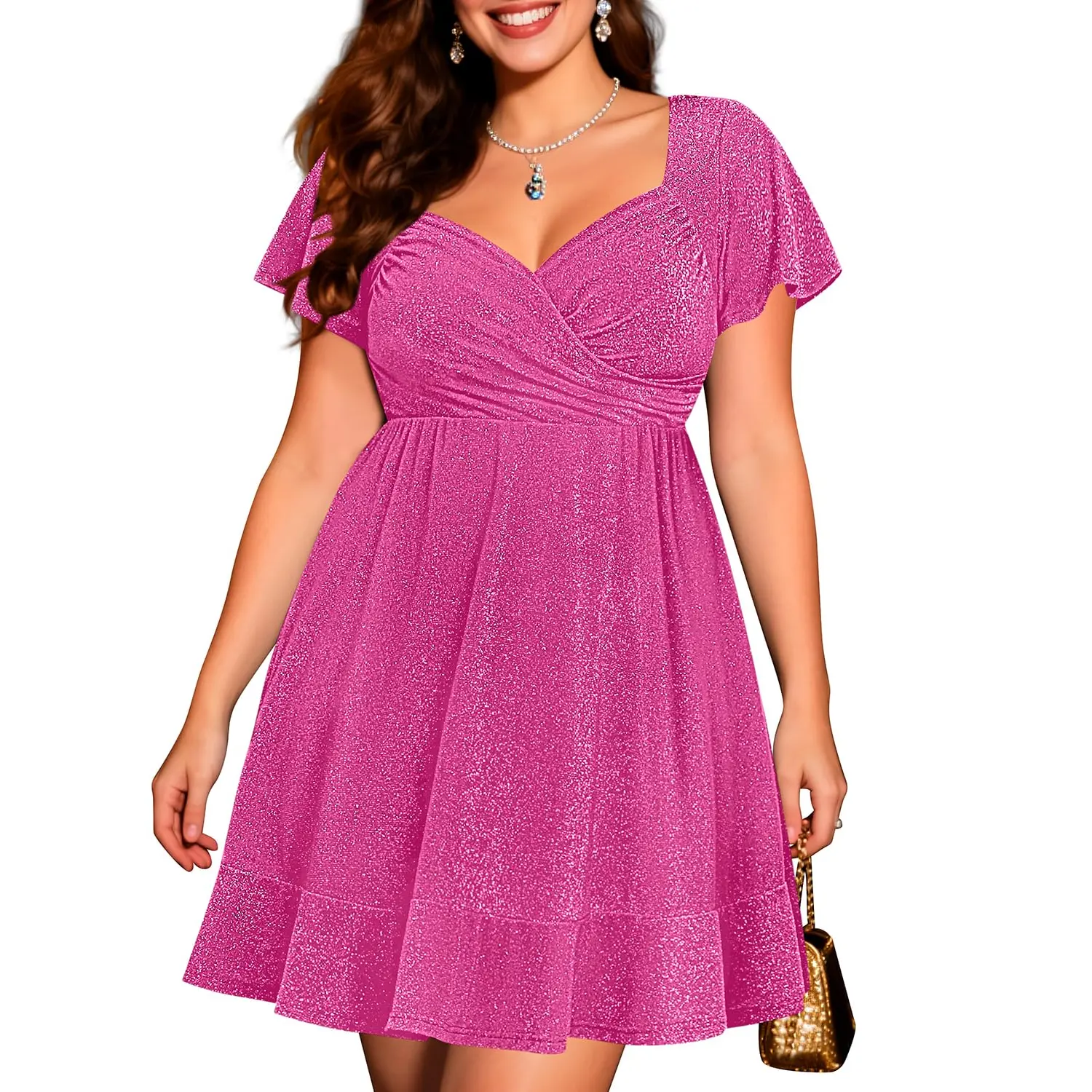 Pinup Fashion Plus Size Cocktail Dress - Sparkly New Year Eve Party Holiday Wrap V Neck Short Dress