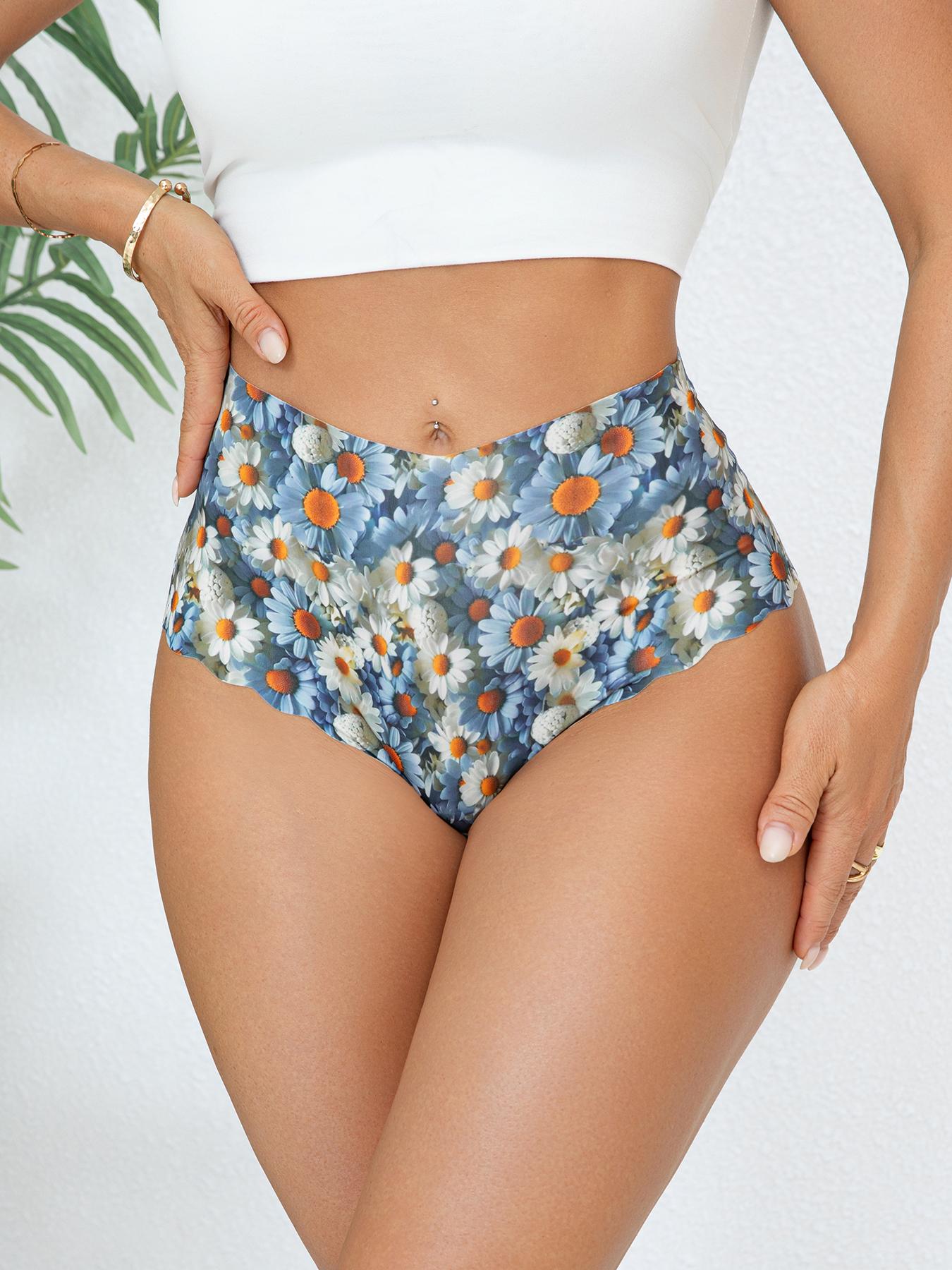 Women's High-Waisted Underwear Set, 7-Pack Seamless Ice Silk Wave-Edge Design, Casual Scallop Trim Panties for All-Season Floral Print Panty